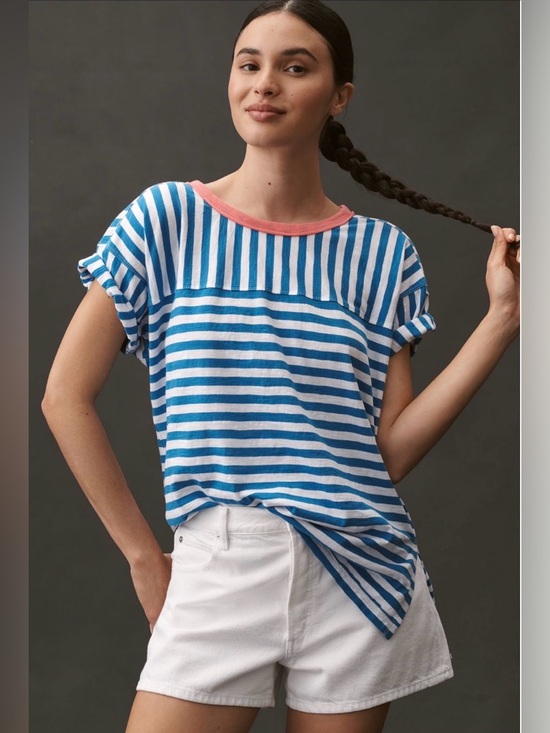 Pilcro Tops - Pilcro The Jordyn Cotton Slub Crew Neck Oversized Tee -Blue, White, Pink - x-lg